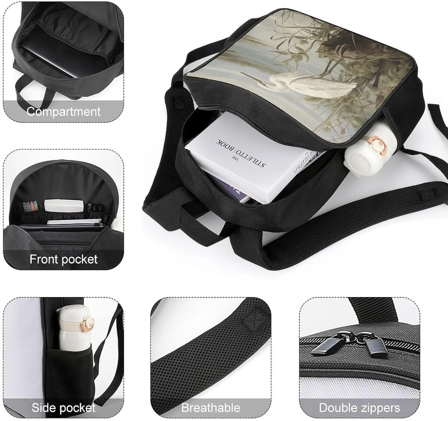 Lightweight Backpacks Cute Travel Bag Durable Swamp Egret Printing Small Travel Backpack For Women & Men