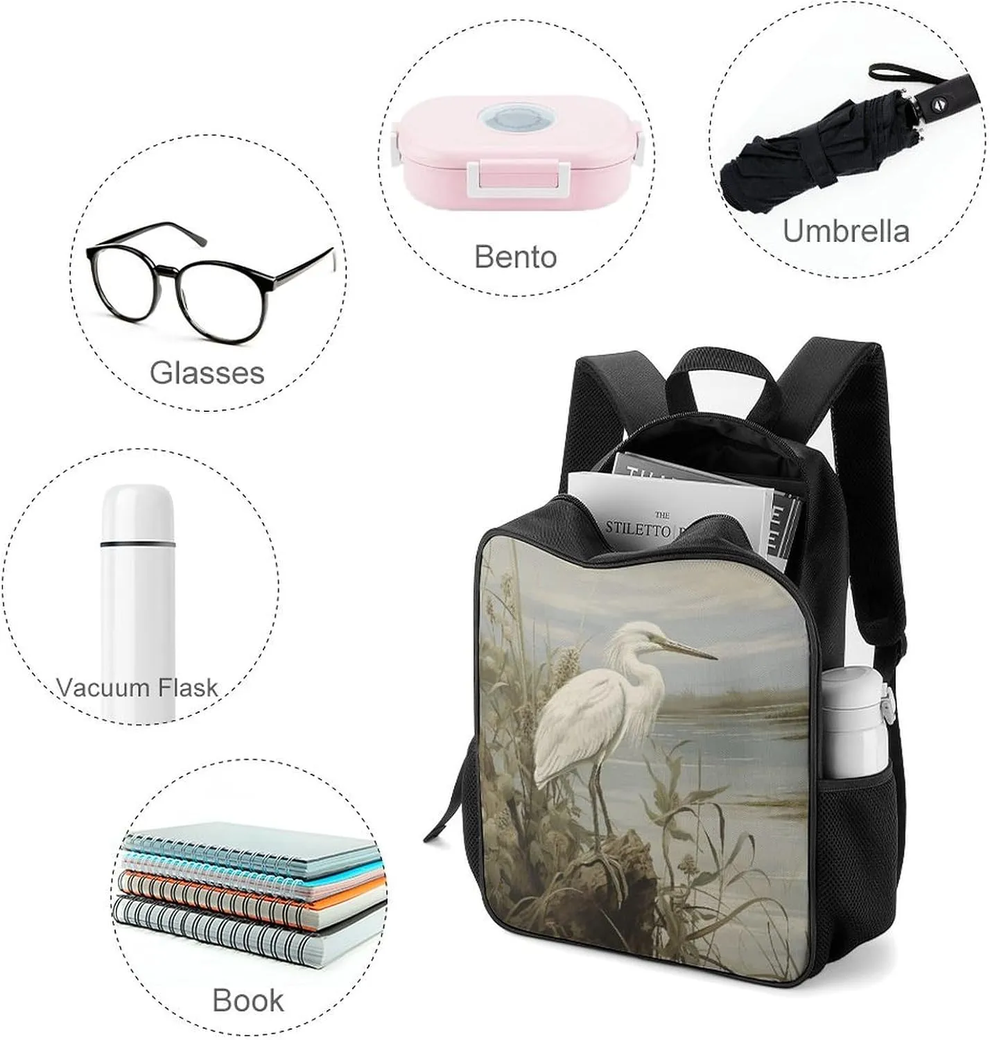 Lightweight Backpacks Cute Travel Bag Durable Swamp Egret Printing Small Travel Backpack For Women & Men