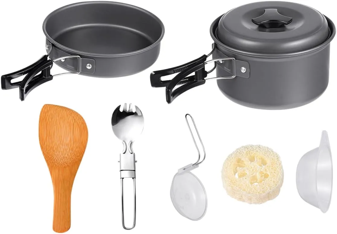 Lightweight Camping Cookware Set 1-2 Person Hiking Cookware Kit Sturdy Non-Slip Handles
