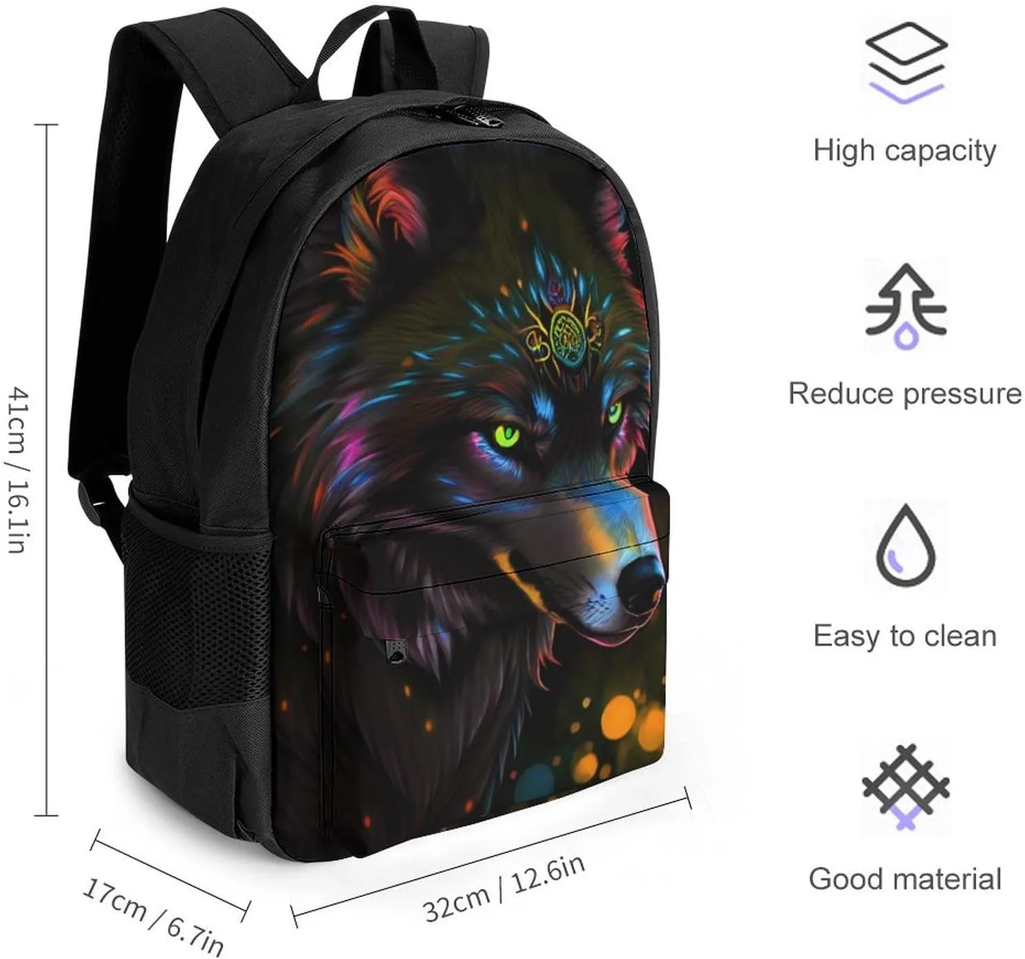 Lightweight Daypack Backpack for Trekking Work Running - Big Capacity Multipurpose Anti-Theft Bookbag, Trippy Wolf Art Business Computer Bag