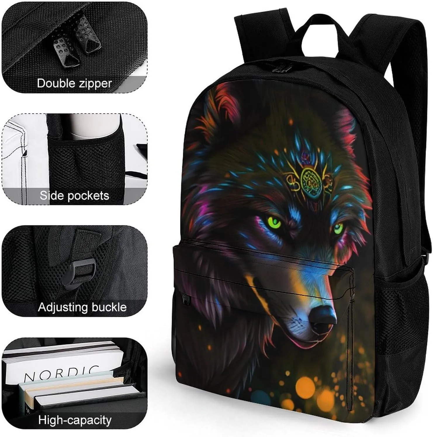 Lightweight Daypack Backpack for Trekking Work Running - Big Capacity Multipurpose Anti-Theft Bookbag, Trippy Wolf Art Business Computer Bag