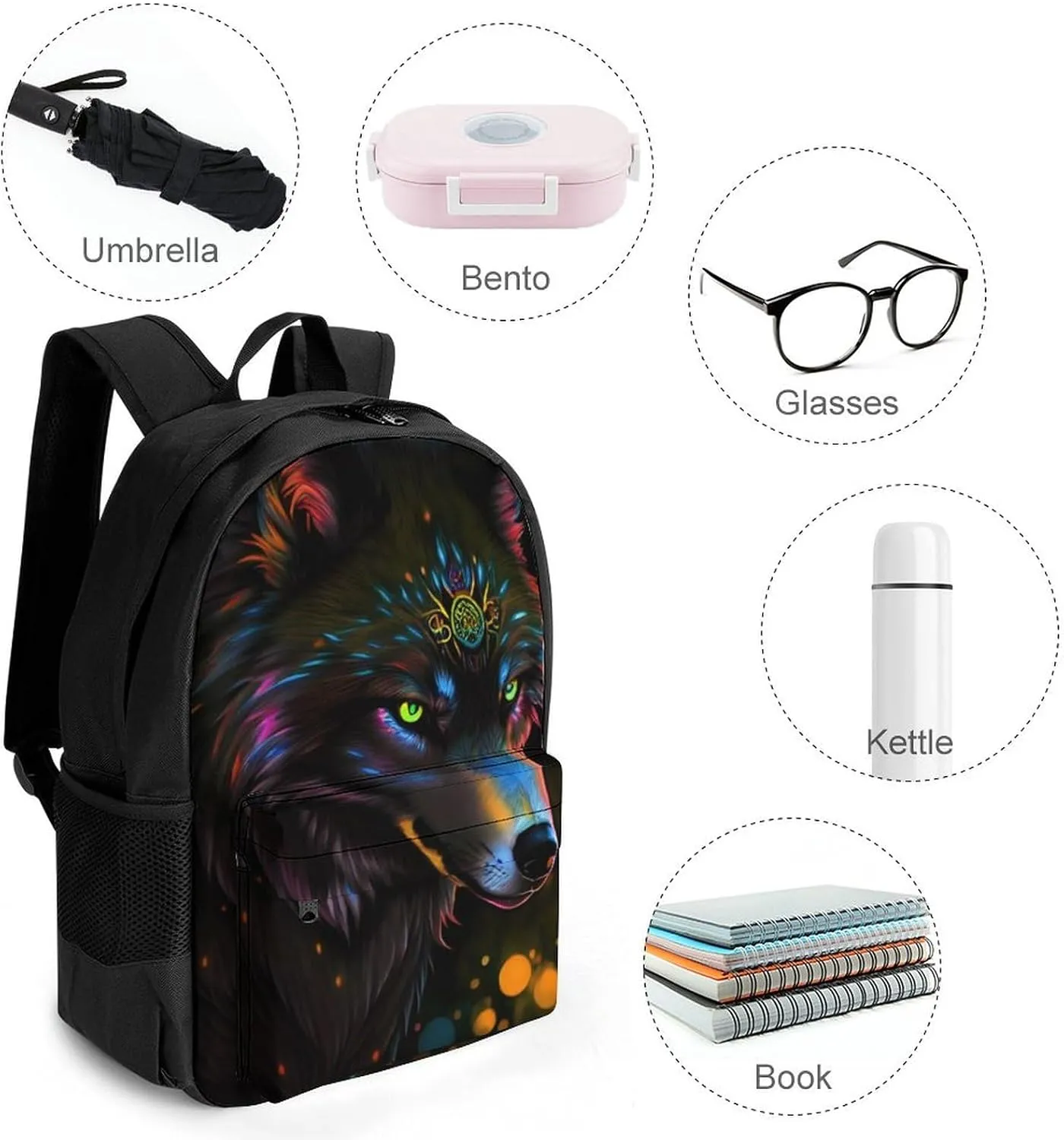 Lightweight Daypack Backpack for Trekking Work Running - Big Capacity Multipurpose Anti-Theft Bookbag, Trippy Wolf Art Business Computer Bag