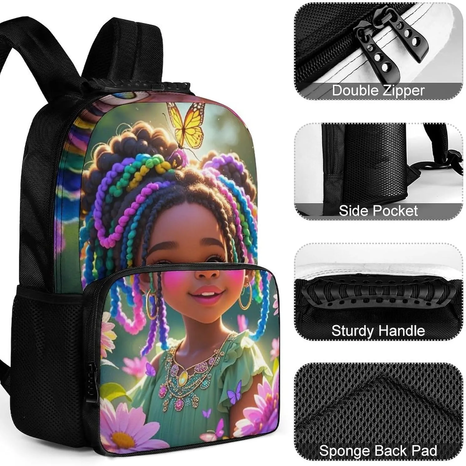 Lightweight Daypack Bookbag for Trekking Business Walking Cycling - Big Capacity Anti-Theft Multipurpose Carry On Bag, Colorful Afro American Black Woman With Butterflies Art Business Computer Bag