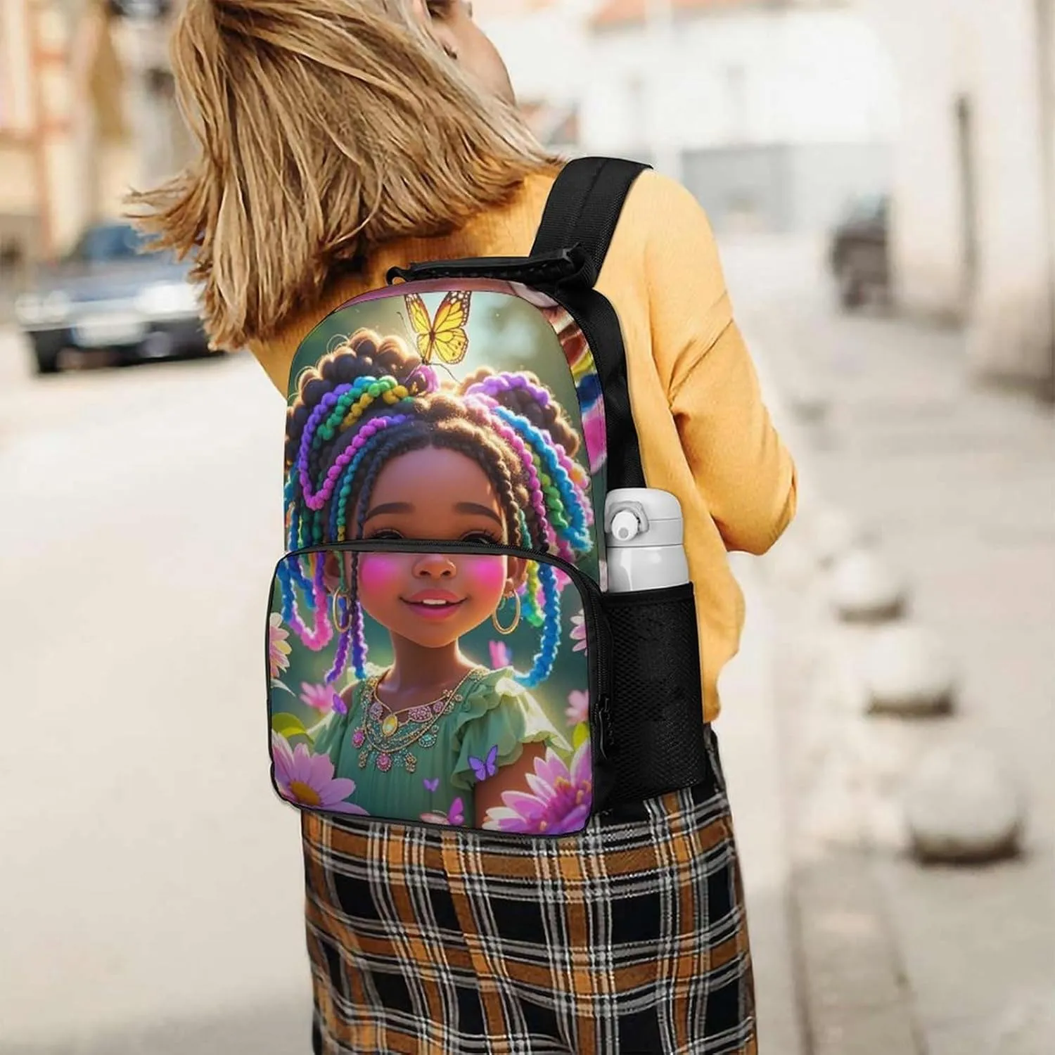 Lightweight Daypack Bookbag for Trekking Business Walking Cycling - Big Capacity Anti-Theft Multipurpose Carry On Bag, Colorful Afro American Black Woman With Butterflies Art Business Computer Bag