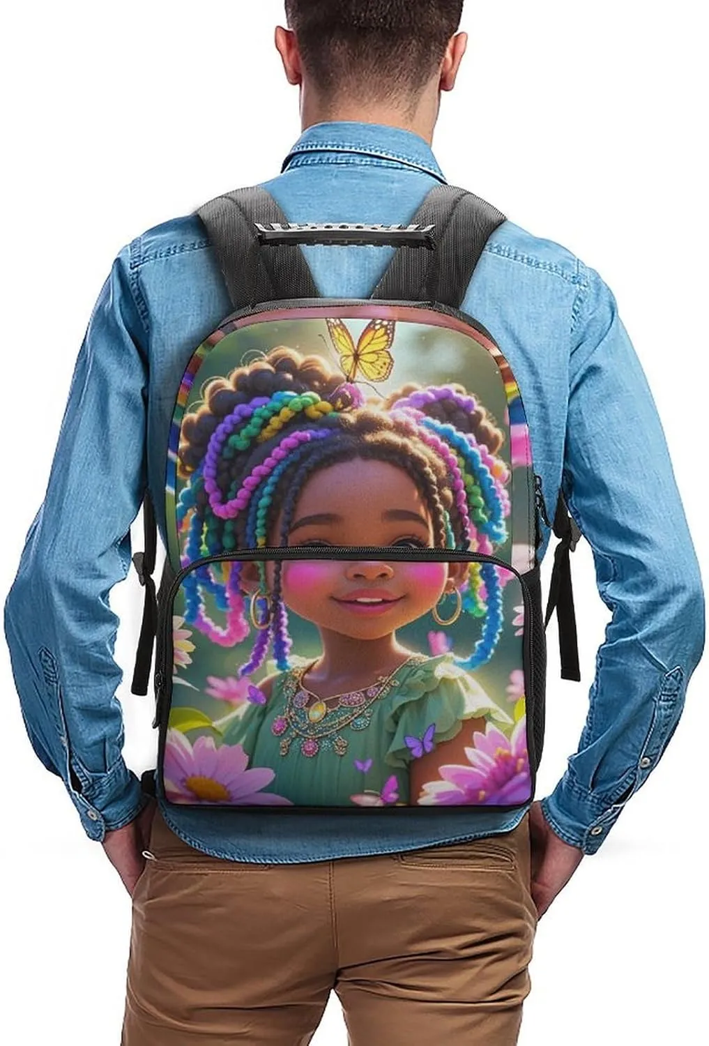 Lightweight Daypack Bookbag for Trekking Business Walking Cycling - Big Capacity Anti-Theft Multipurpose Carry On Bag, Colorful Afro American Black Woman With Butterflies Art Business Computer Bag