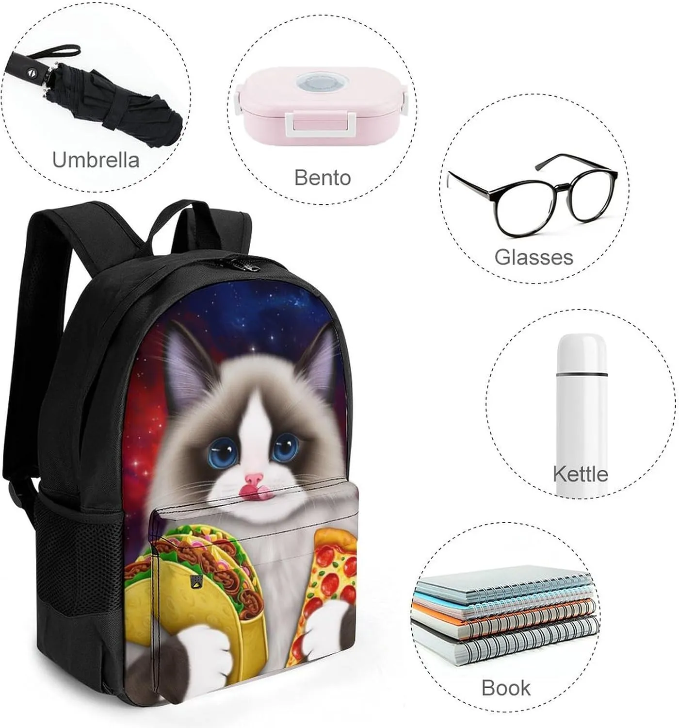 Lightweight Daypack Bookbag for Trekking Business Walking Cycling - Big Capacity Anti-Theft Multipurpose Carry On Bag, Galaxy Taco Cat Pizza Art Business Computer Bag