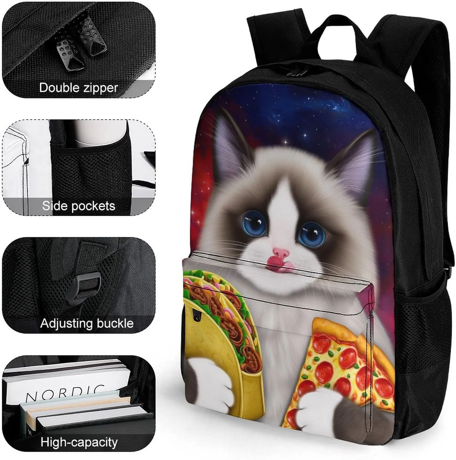 Lightweight Daypack Bookbag for Trekking Business Walking Cycling - Big Capacity Anti-Theft Multipurpose Carry On Bag, Galaxy Taco Cat Pizza Art Business Computer Bag