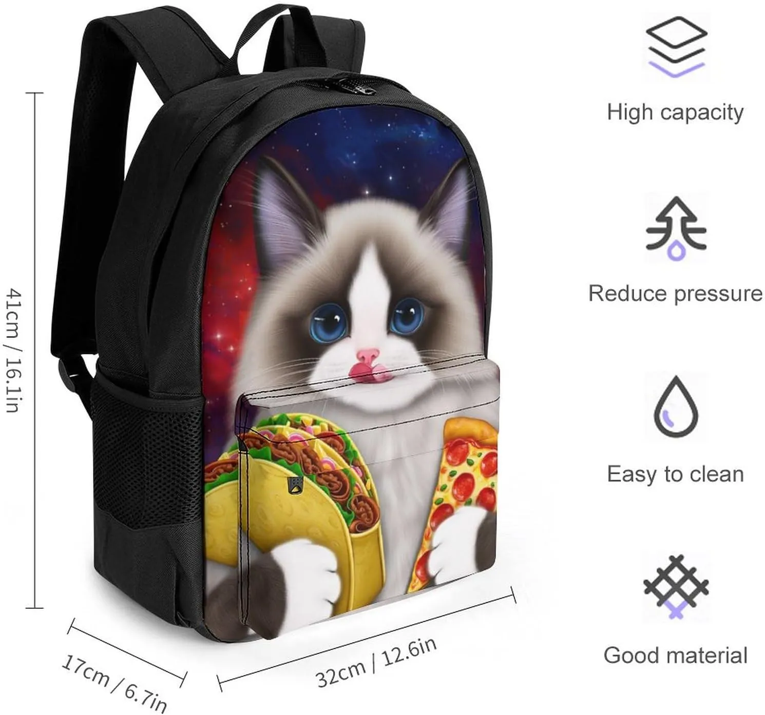 Lightweight Daypack Bookbag for Trekking Business Walking Cycling - Big Capacity Anti-Theft Multipurpose Carry On Bag, Galaxy Taco Cat Pizza Art Business Computer Bag
