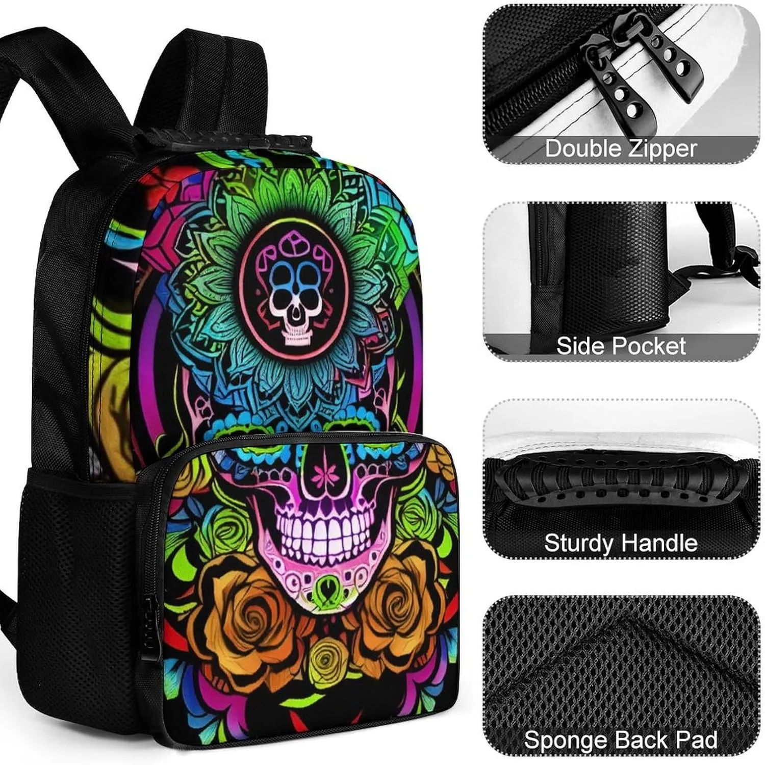 Lightweight Daypack Bookbag for Trekking Business Walking Cycling - Big Capacity Anti-Theft Multipurpose Carry On Bag, Psychedelic Skull Art Business Computer Bag