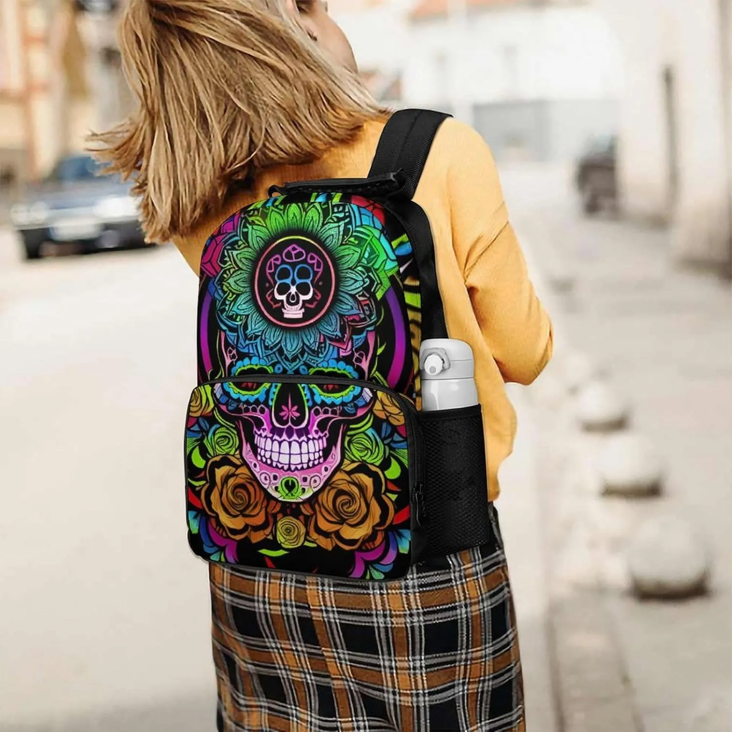 Lightweight Daypack Bookbag for Trekking Business Walking Cycling - Big Capacity Anti-Theft Multipurpose Carry On Bag, Psychedelic Skull Art Business Computer Bag