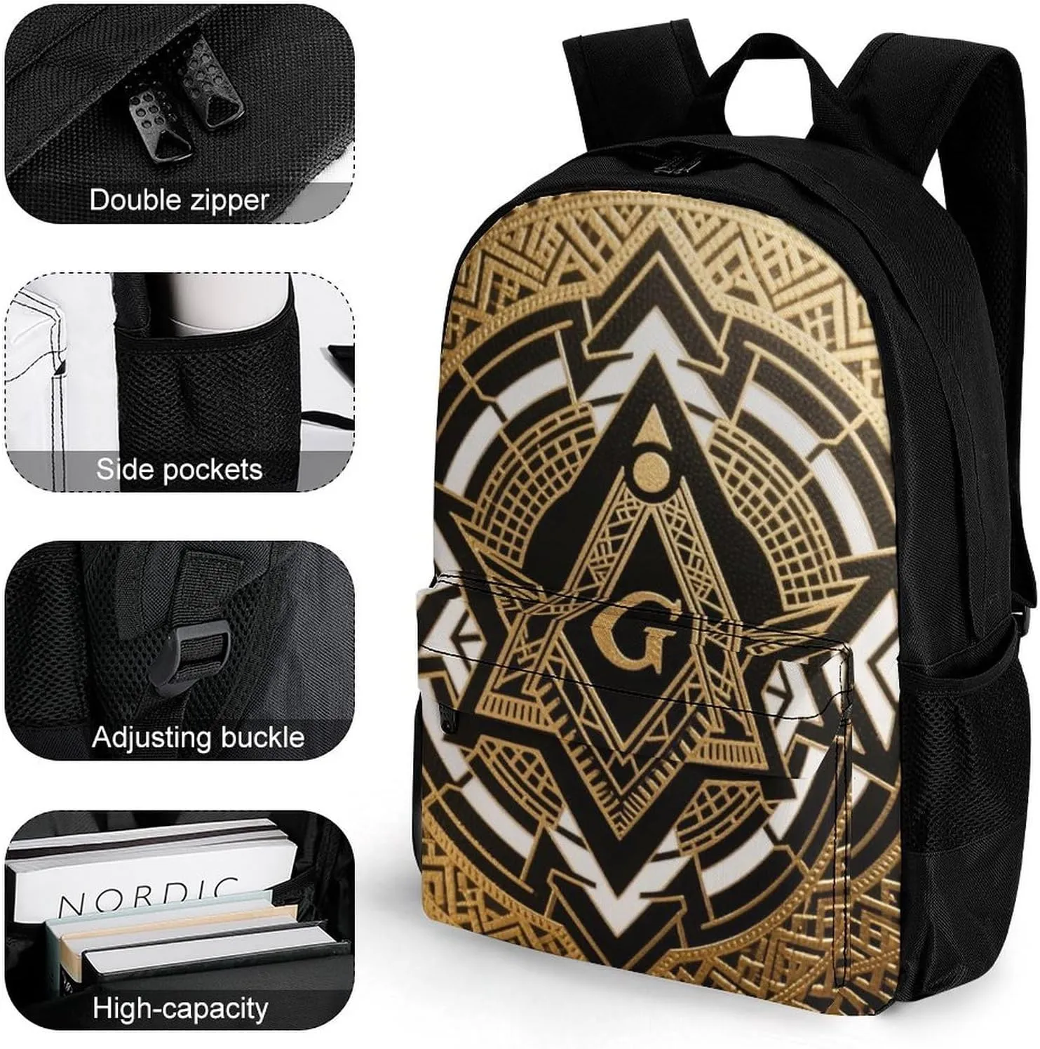 Lightweight Daypack for Camping Business Walking Cycling - Large Capacity Anti-Theft Multipurpose Bookbag, Gold Freemason Freemasonry Masonic Art Gym Outdoor Hiking Backpack