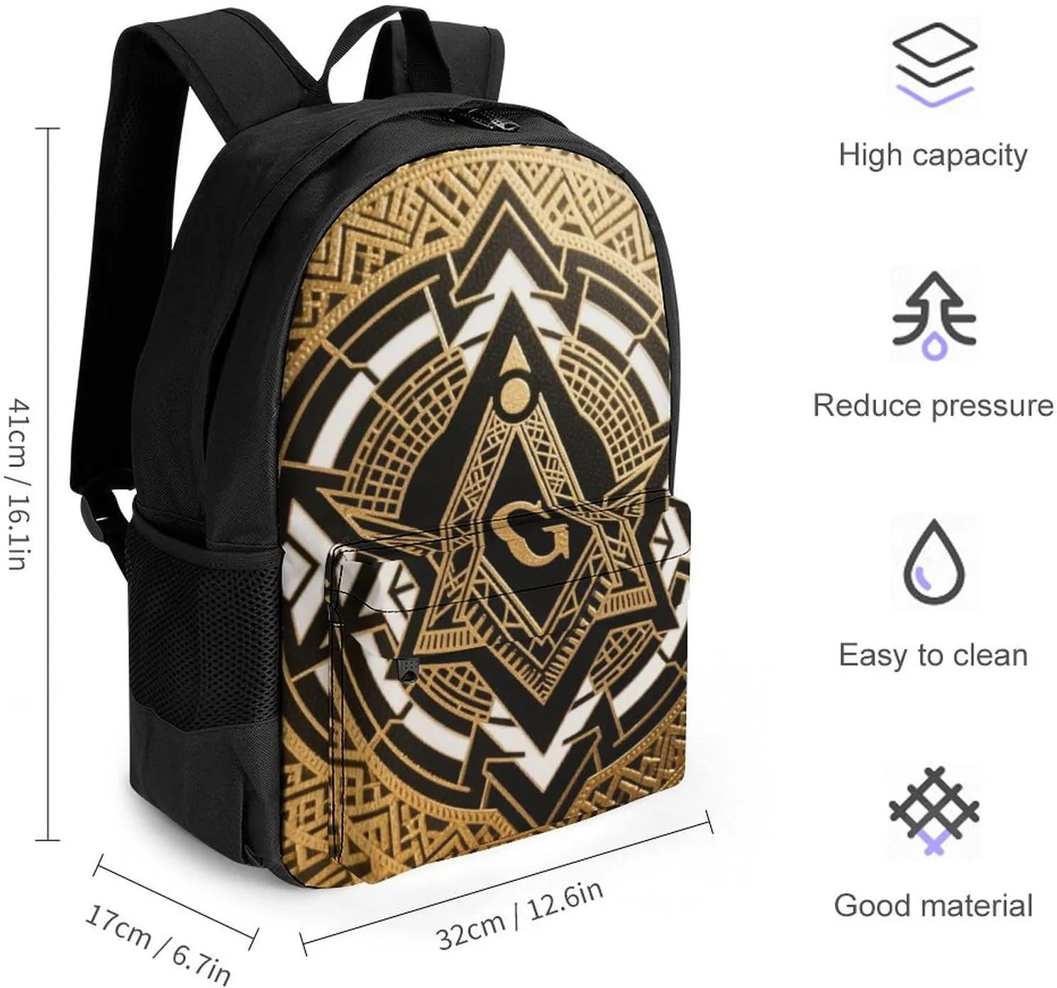 Lightweight Daypack for Camping Business Walking Cycling - Large Capacity Anti-Theft Multipurpose Bookbag, Gold Freemason Freemasonry Masonic Art Gym Outdoor Hiking Backpack