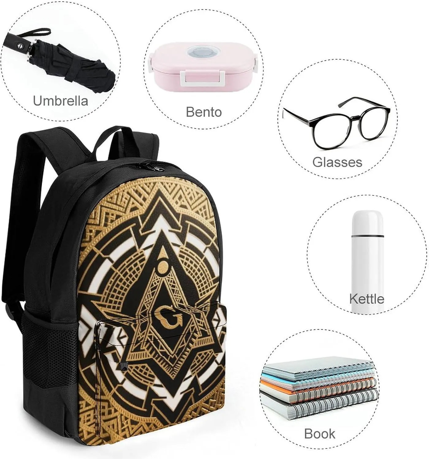 Lightweight Daypack for Camping Business Walking Cycling - Large Capacity Anti-Theft Multipurpose Bookbag, Gold Freemason Freemasonry Masonic Art Gym Outdoor Hiking Backpack