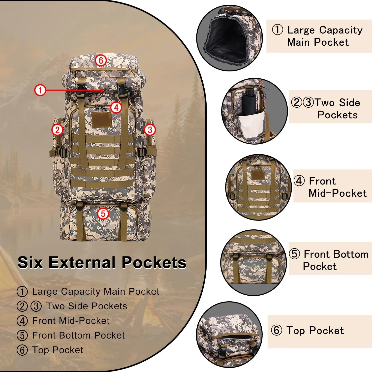 Lightweight Hiking Backpack 70L for Camping, Backpacking,Travel,Water Resistant Backpack for Women Men (camouflage)