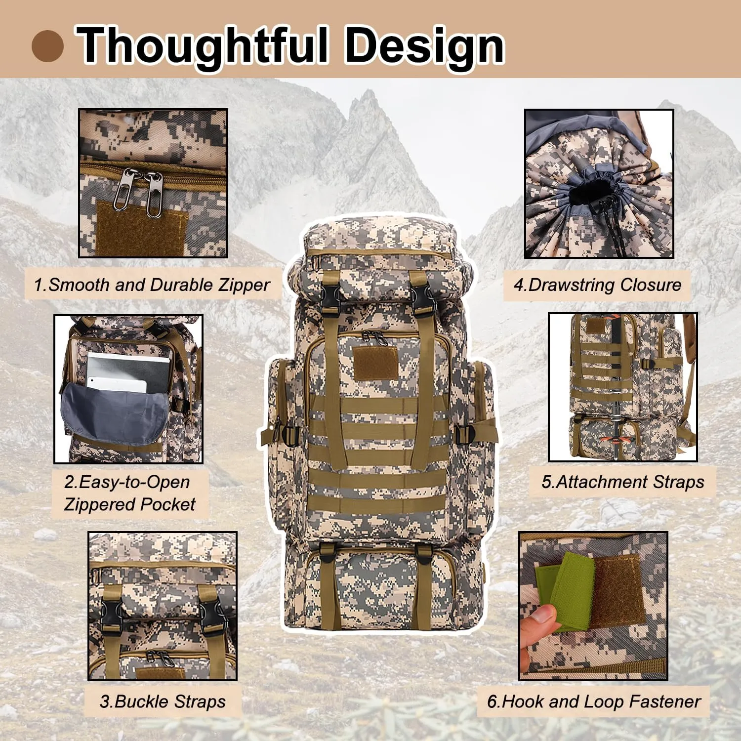 Lightweight Hiking Backpack 70L for Camping, Backpacking,Travel,Water Resistant Backpack for Women Men (camouflage)