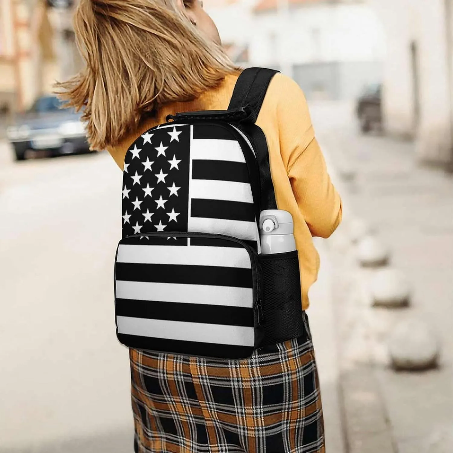 Lightweight Rucksacks for Climbing Outdoors Walking Cycling - Large Capacity Anti-Theft Multipurpose Carry On Bag, American Flag Patriotic Usa Black And White Line Pattern Camping Outdoor Backpack