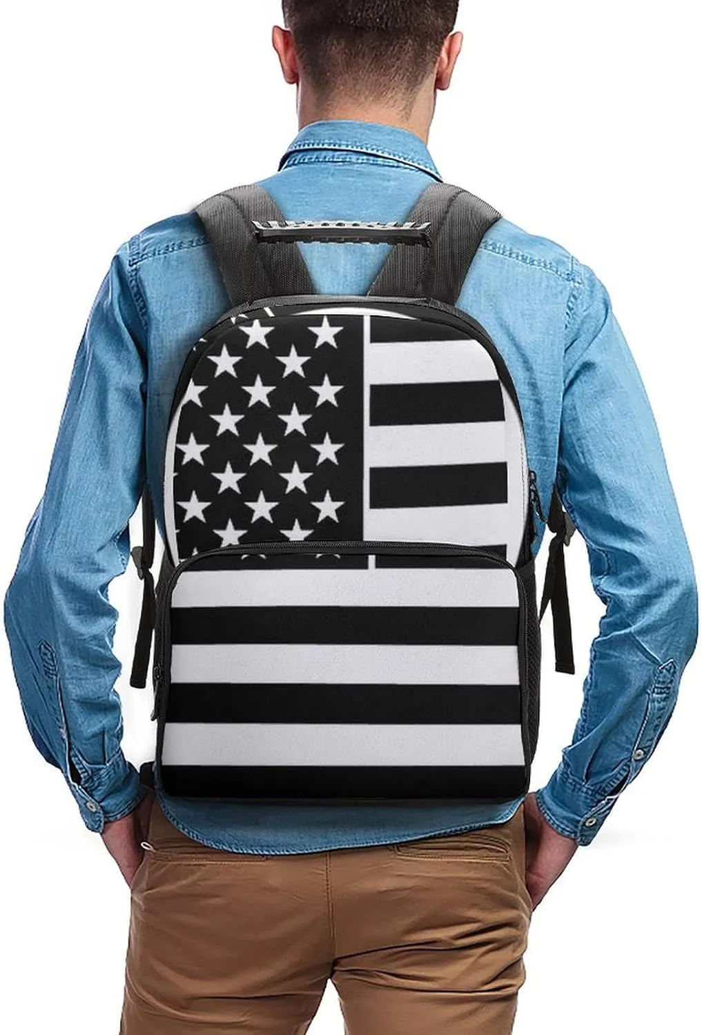 Lightweight Rucksacks for Climbing Outdoors Walking Cycling - Large Capacity Anti-Theft Multipurpose Carry On Bag, American Flag Patriotic Usa Black And White Line Pattern Camping Outdoor Backpack