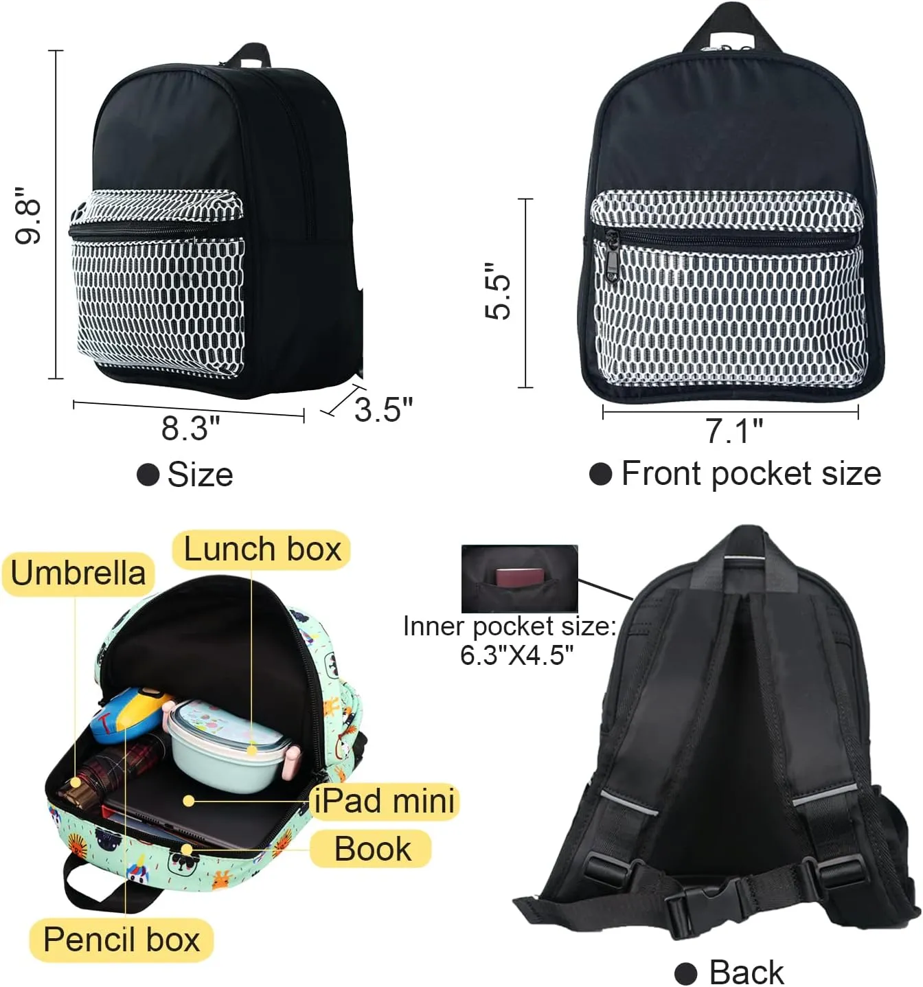 Lightweight Toddler Kids Backpack with Chest Strap For Boys and Girls, Preschool Kindergarten 3-6 Years Old 30 Colors (BK)