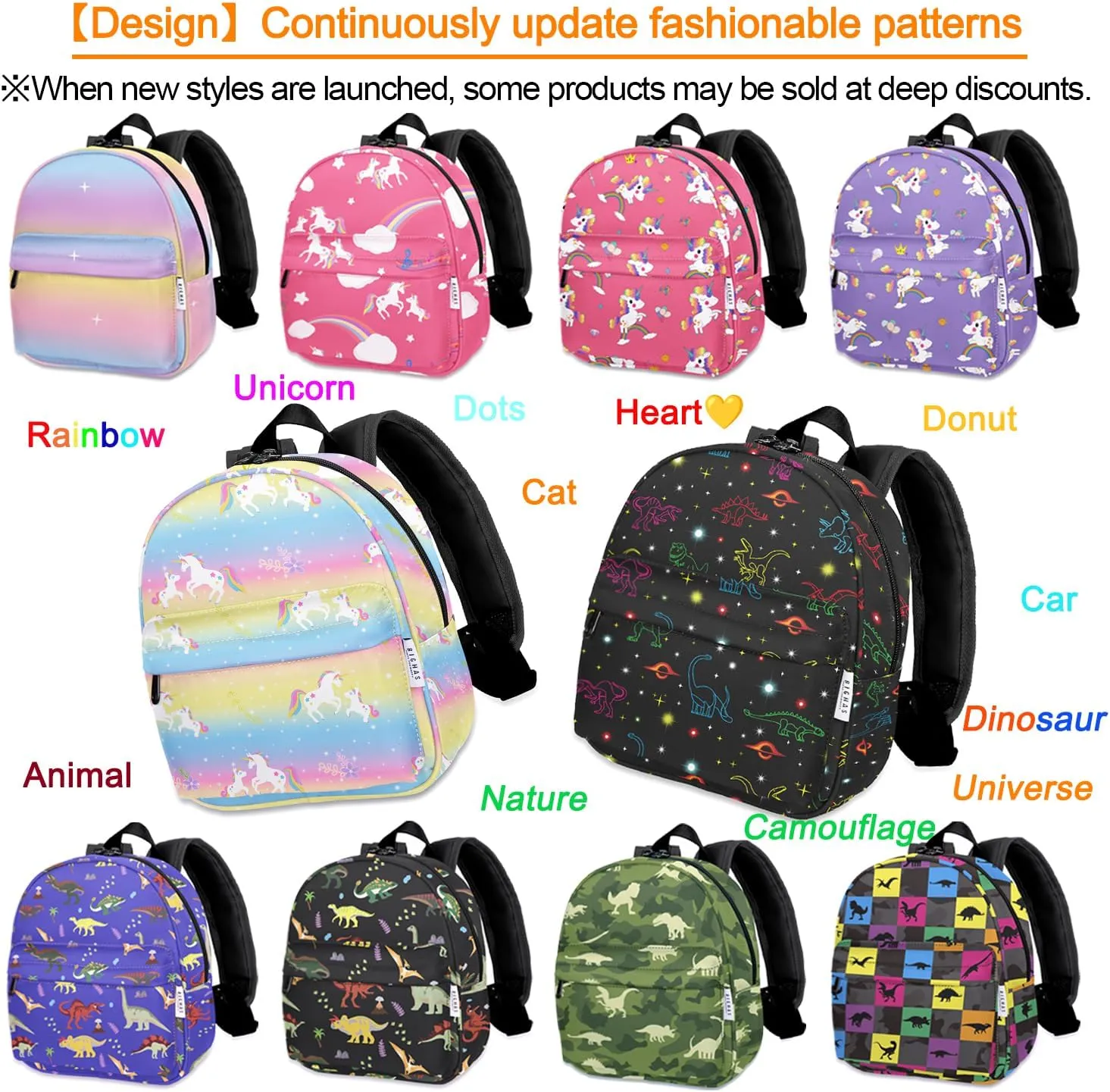 Lightweight Toddler Kids Backpack with Chest Strap For Boys and Girls, Preschool Kindergarten 3-6 Years Old 30 Colors (Rainbow2)