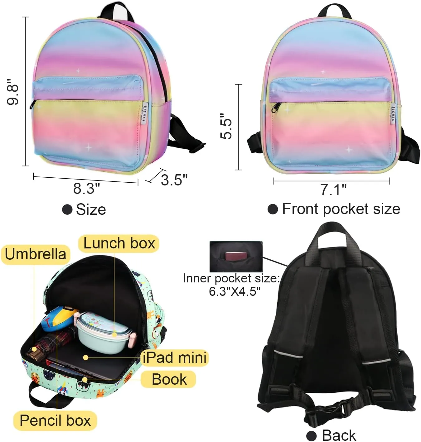 Lightweight Toddler Kids Backpack with Chest Strap For Boys and Girls, Preschool Kindergarten 3-6 Years Old 30 Colors (Rainbow2)