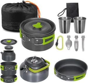 Lixada 10pcs Camping Cookware Mess Kit, Non-Stick Lightweight Pot Pan Kettle Set with Cups Spoon Fork Knife, Compact Camping Cooking Set Portable Backpacking Outdoor Cookware for Hiking Picnic