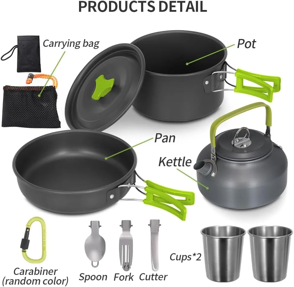 Lixada 10pcs Camping Cookware Mess Kit, Non-Stick Lightweight Pot Pan Kettle Set with Cups Spoon Fork Knife, Compact Camping Cooking Set Portable Backpacking Outdoor Cookware for Hiking Picnic