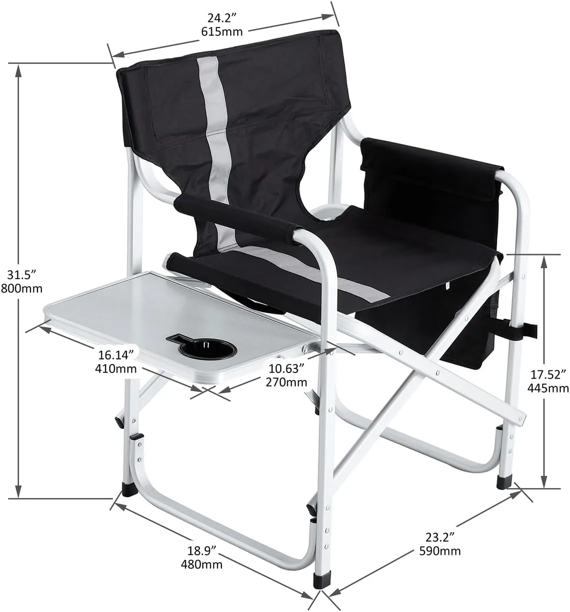 LLS Padded Folding Outdoor Chair with Side Table and Storage Pockets, Lightweight Oversized Camping Chair Directors Chair for Indoor, Outdoor Camping, Picnics and Fishing, Black (2pcs)
