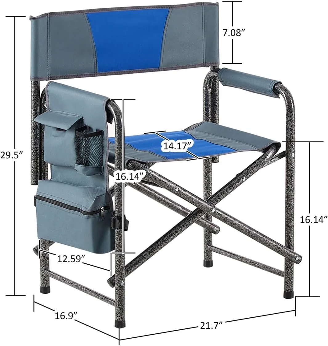LLS Padded Folding Outdoor Chair with Side Table and Storage Pockets, Lightweight Oversized Camping Chair Directors Chair for Indoor, Outdoor Camping, Picnics and Fishing, Blue (2pcs)