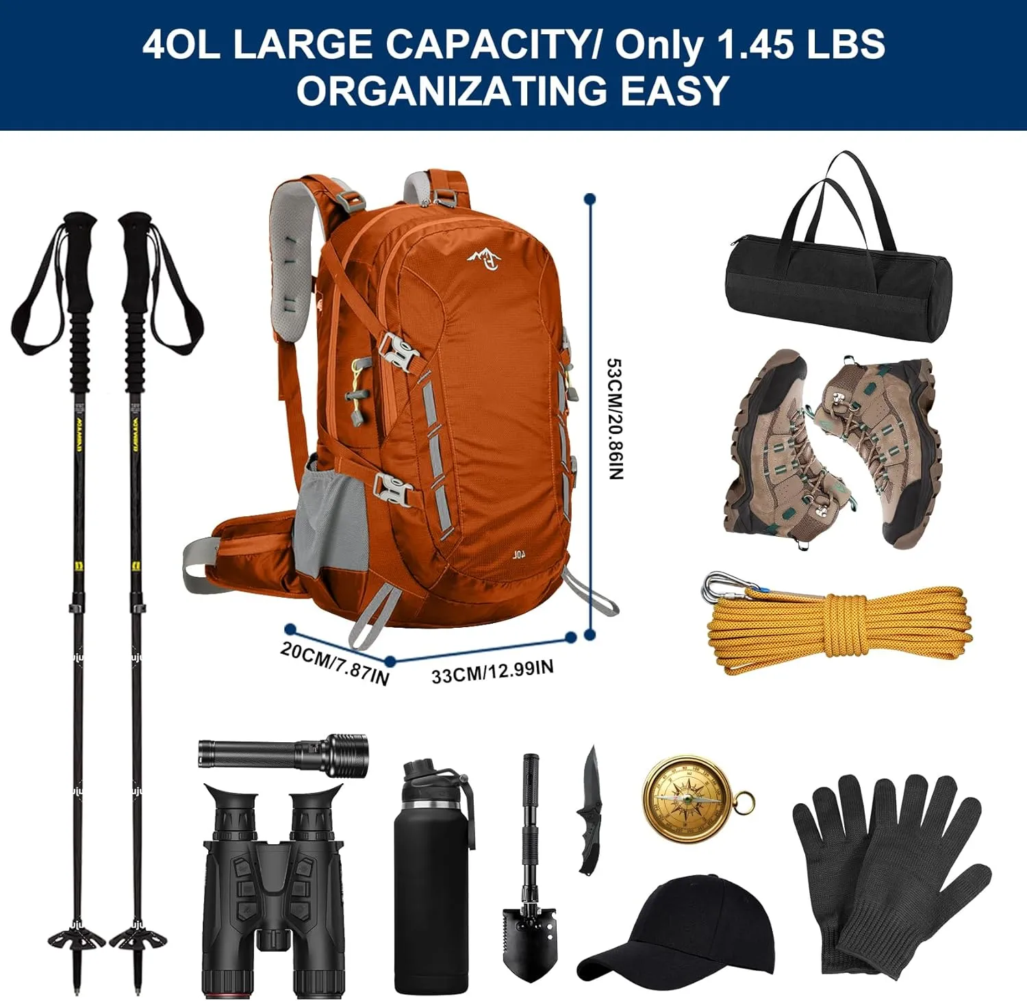 Long Keeper 40L Hiking Backpack Camping Daypack with Waterproof Rain Cover Lightweight Outdoor Sport Travel Backpack Rucksack (Orange)