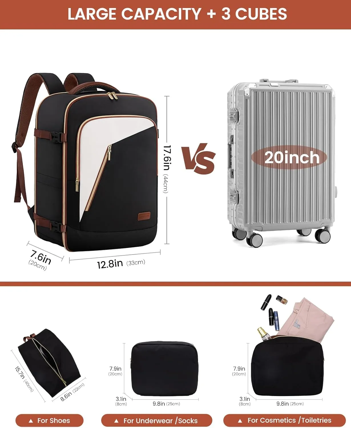 LOVEVOOK Travel Backpack for Women, 40L Carry on Backpack for Airplanes, Large TSA Personal Item Travel Bag Fits 17.3" Laptop, Water-Resistant Business Weekender Back Pack, 4Pcs