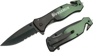 lue Steel Personalized Laser Engraved Pocket Knife, Fireproof Metal Emergency Escape Knife with Hard Alloy Head Window Breaker and Seat Belt Cutter (Green)