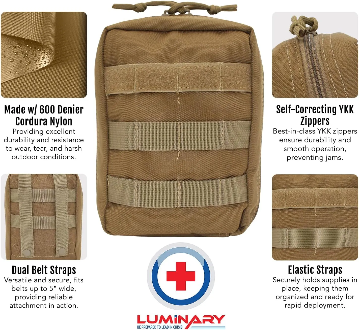 Luminary Squad IFAK Tactical Trauma Kit for First Responders, Military & Tactical Pro – Compact MOLLE First Aid Kit, Water-Resistant 600D Cordura, Durable YKK Zippers, for Emergencies - Coyote Tan