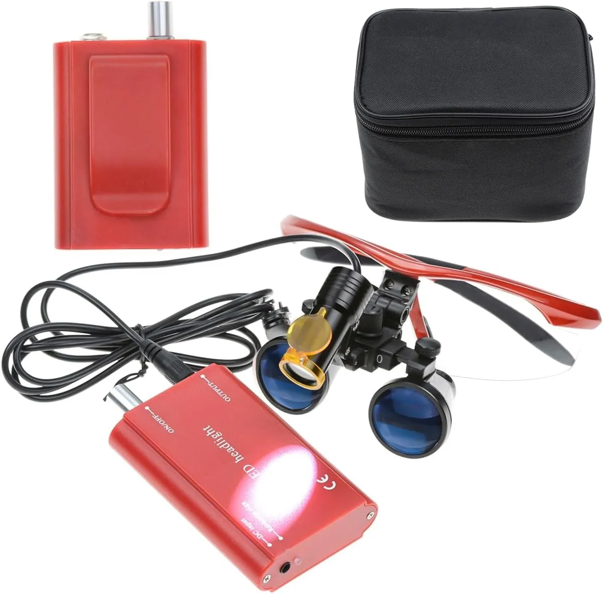 Magnifying Glasses Loupe Optical Glassp 3.5X420Mm,5W Portable LED Headlamp Belt Clip Binocular (Red)