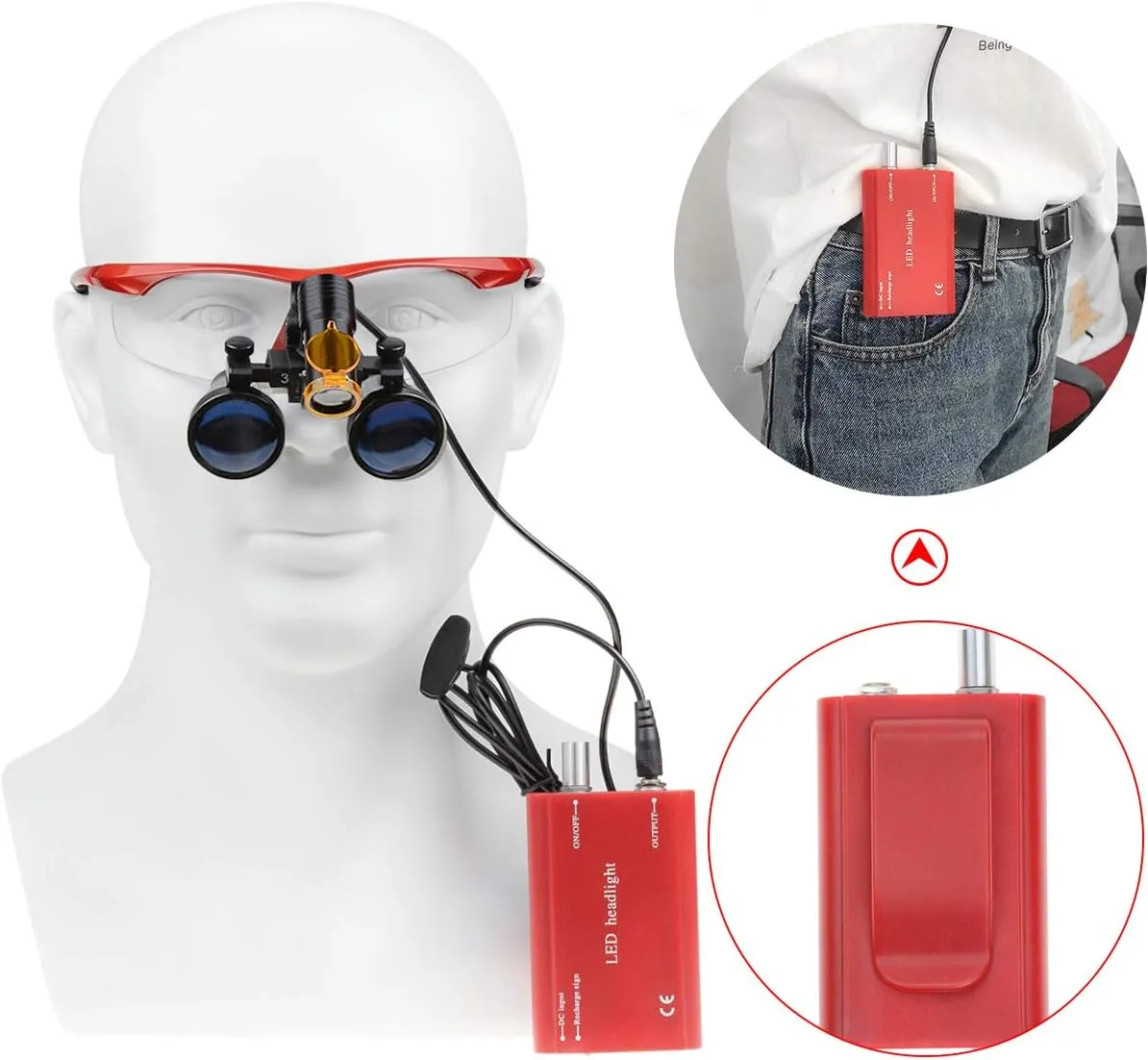 Magnifying Glasses Loupe Optical Glassp 3.5X420Mm,5W Portable LED Headlamp Belt Clip Binocular (Red)