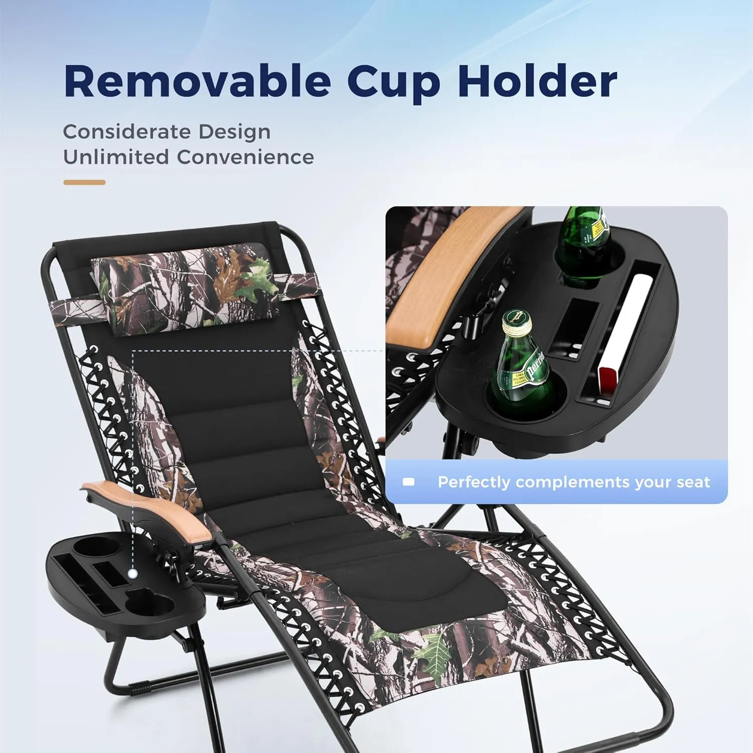 MAISON ARTS Oversize XL Padded Zero Gravity Lawn Chair Anti Gravity Lounge Chair Adjustable Recliner w/Pillow & Cup Holder Outdoor Camp Chair for Poolside Backyard Beach, Support 400LBS, Camouflage