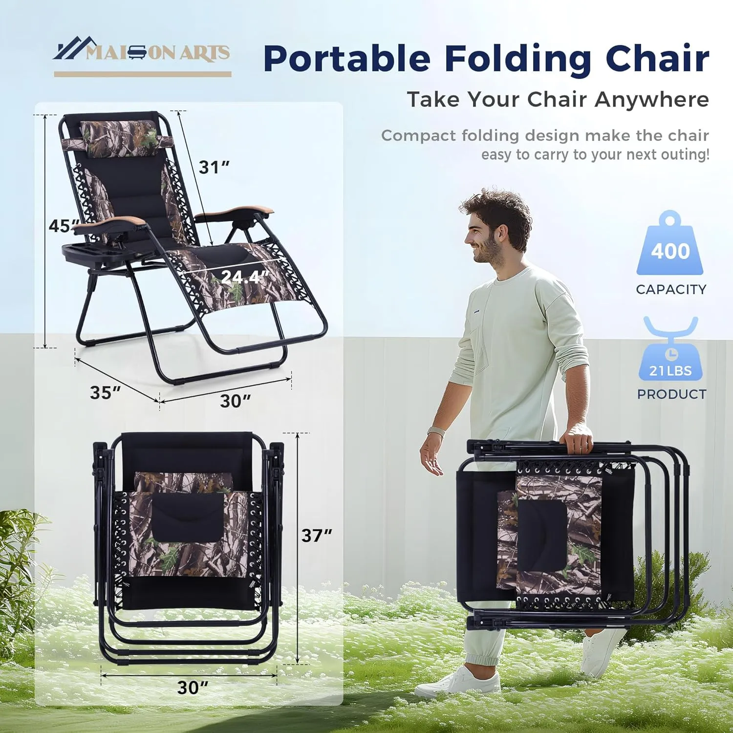 MAISON ARTS Oversize XL Padded Zero Gravity Lawn Chair Anti Gravity Lounge Chair Adjustable Recliner w/Pillow & Cup Holder Outdoor Camp Chair for Poolside Backyard Beach, Support 400LBS, Camouflage