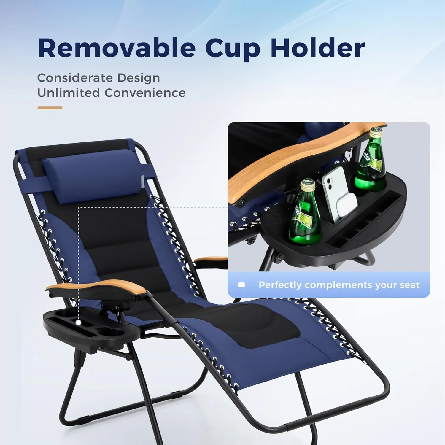 MAISON ARTS Oversize XXL Padded Zero Gravity Lawn Chair Anti Gravity Lounge Chair Foldable Recliner 30" Wide Seat Outdoor Camp Chair for Poolside Backyard Beach, Support 400LBS, Blue