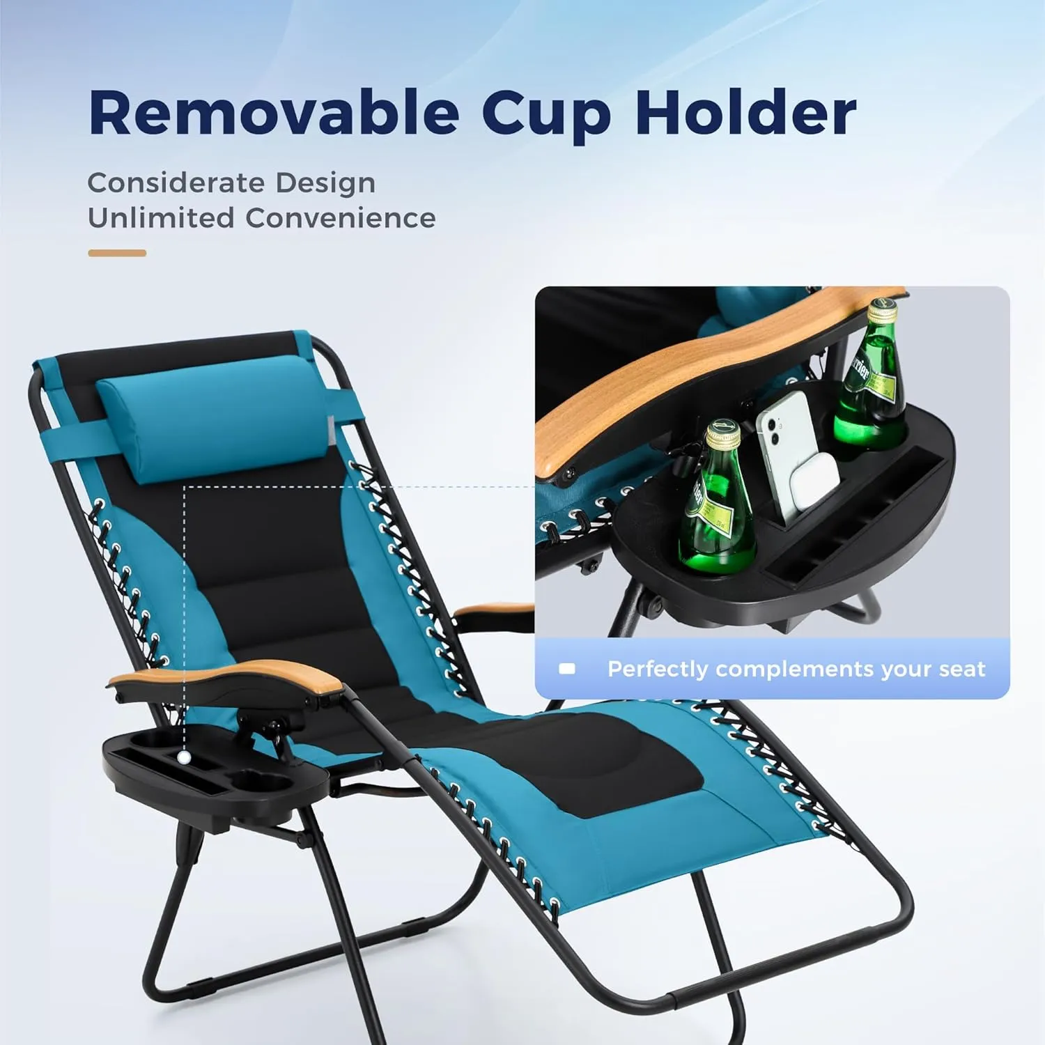 MAISON ARTS Oversized XXL Padded Zero Gravity Lawn Chairs Set of 2 Foldable Recliners 30" Wide Seat Anti Gravity Lounge Chairs Outdoor Camp Chairs for Poolside Yard Support 400lbs, Peacock Blue