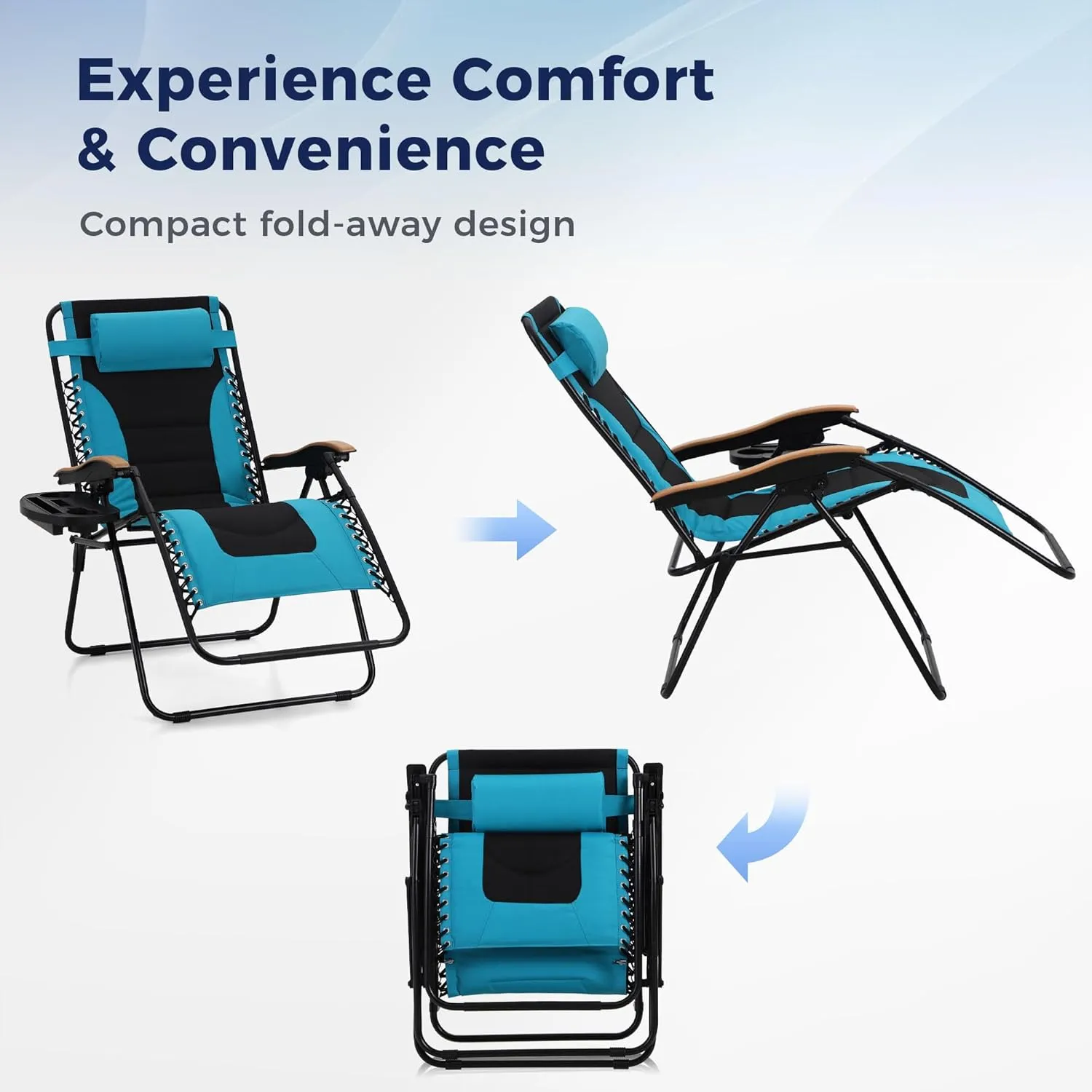 MAISON ARTS Oversized XXL Padded Zero Gravity Lawn Chairs Set of 2 Foldable Recliners 30" Wide Seat Anti Gravity Lounge Chairs Outdoor Camp Chairs for Poolside Yard Support 400lbs, Peacock Blue