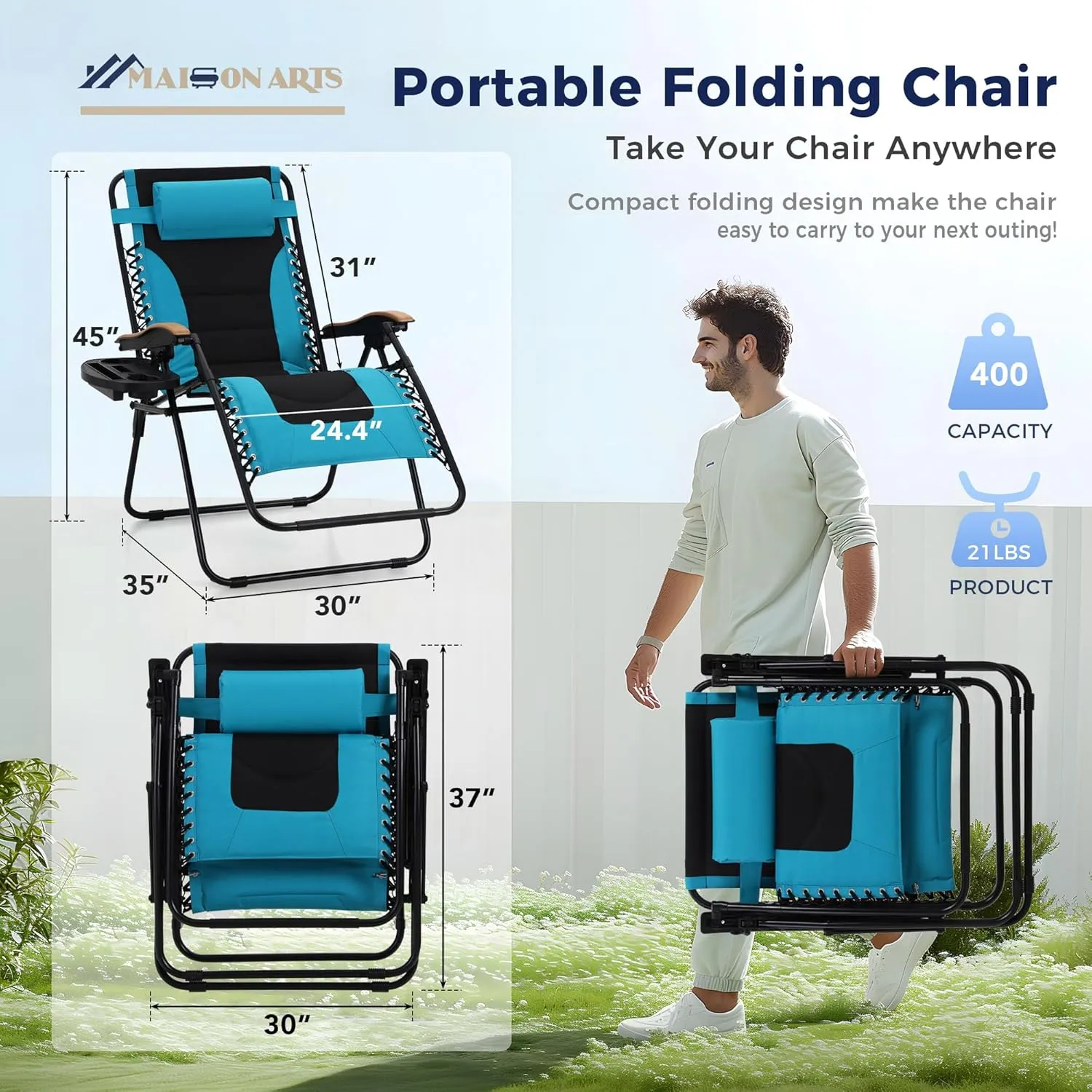 MAISON ARTS Oversized XXL Padded Zero Gravity Lawn Chairs Set of 2 Foldable Recliners 30" Wide Seat Anti Gravity Lounge Chairs Outdoor Camp Chairs for Poolside Yard Support 400lbs, Peacock Blue