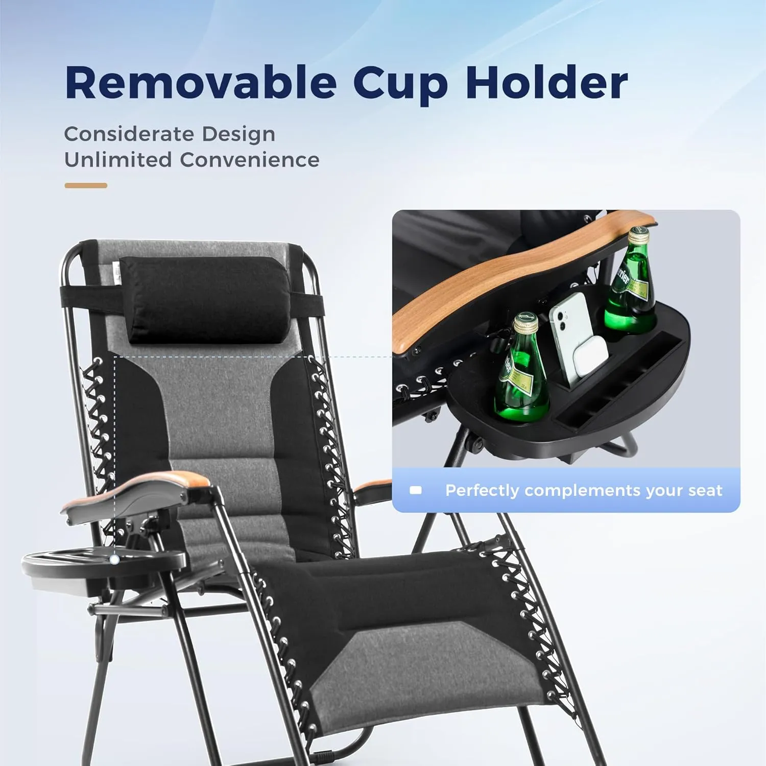 MAISON ARTS Oversized XXL Padded Zero Gravity Lounge Chair 30" Wide Seat Anti Gravity Lawn Chair Foldable Recliner Outdoor Camp Chair for Poolside Backyard Beach, Support 400LBS, Black & Grey