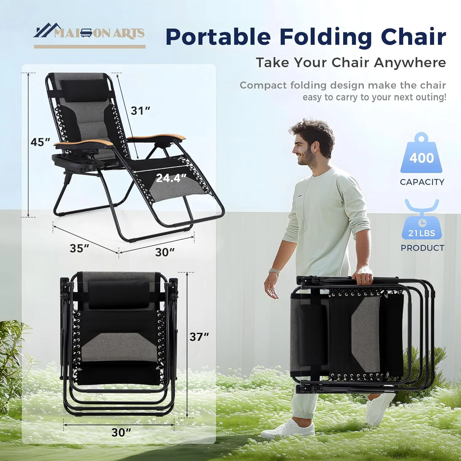 MAISON ARTS Oversized XXL Padded Zero Gravity Lounge Chair 30" Wide Seat Anti Gravity Lawn Chair Foldable Recliner Outdoor Camp Chair for Poolside Backyard Beach, Support 400LBS, Black & Grey