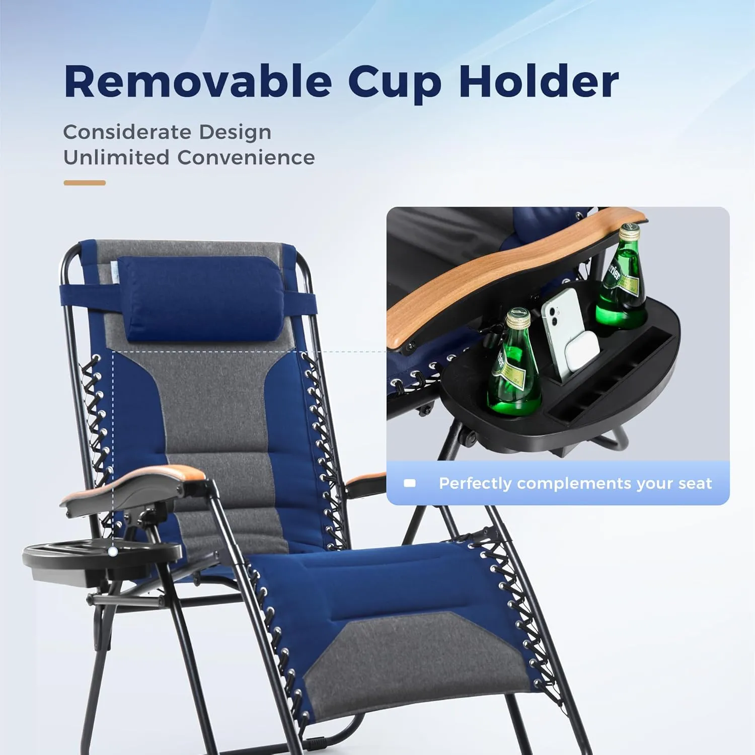 MAISON ARTS Oversized XXL Padded Zero Gravity Lounge Chair 30" Wide Seat Anti Gravity Lawn Chair Foldable Recliner Outdoor Camp Chair for Poolside Backyard Beach, Support 400LBS, Blue & Grey