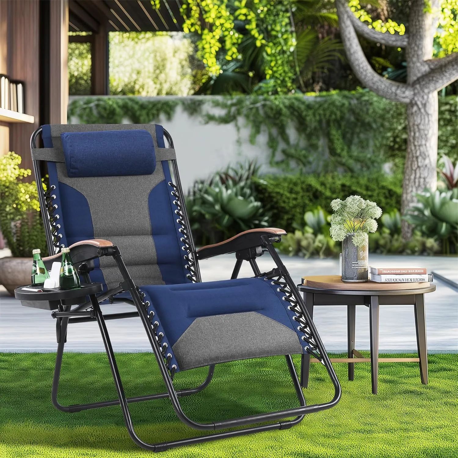 MAISON ARTS Oversized XXL Padded Zero Gravity Lounge Chair 30" Wide Seat Anti Gravity Lawn Chair Foldable Recliner Outdoor Camp Chair for Poolside Backyard Beach, Support 400LBS, Blue & Grey