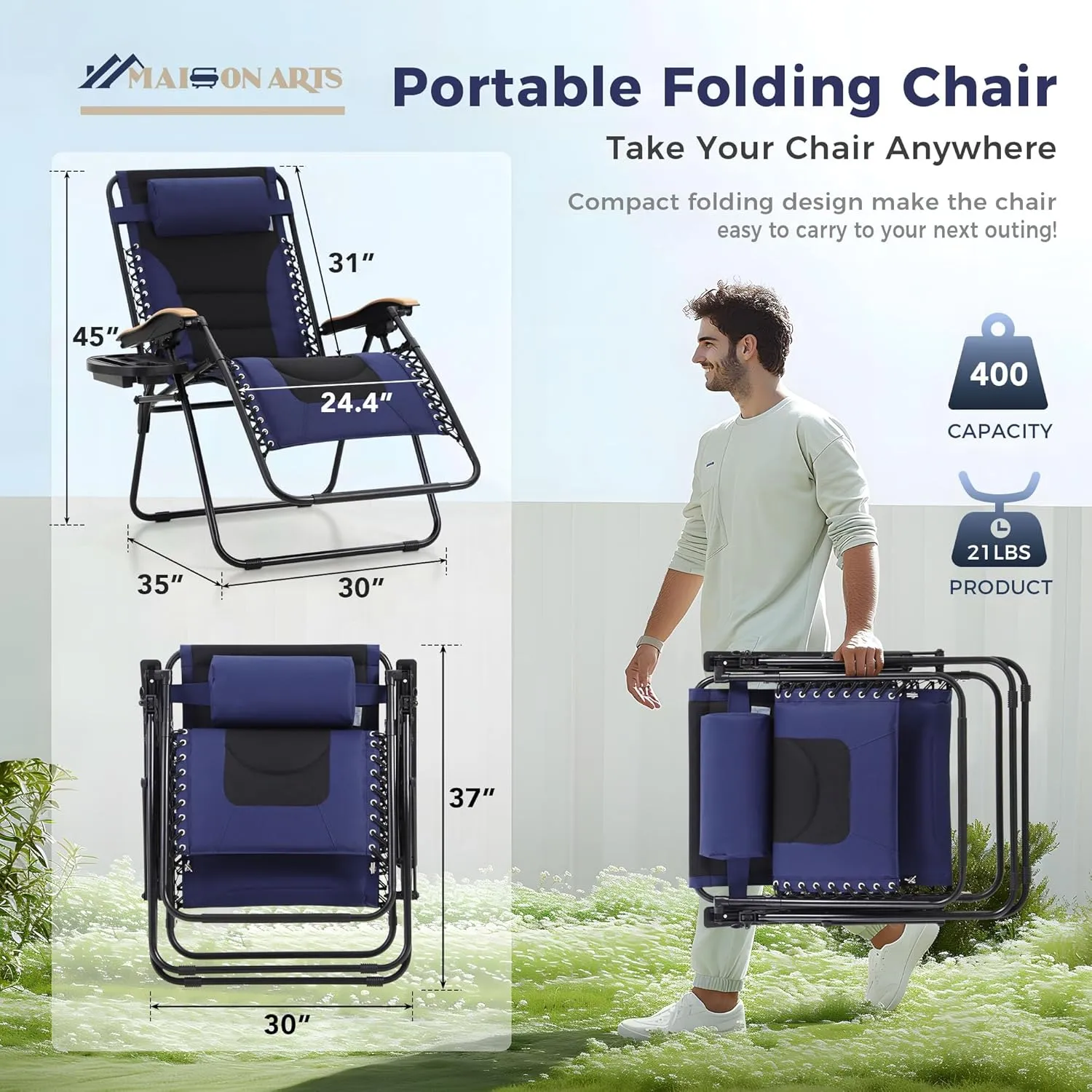 MAISON ARTS Oversized XXL Padded Zero Gravity Lounge Chair 30" Wide Seat Anti Gravity Lawn Chair Foldable Recliner Outdoor Camp Chair for Poolside Backyard Beach, Support 400LBS, Blue & Grey