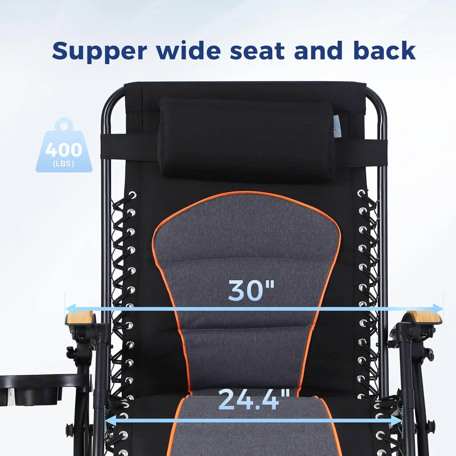 MAISON ARTS Oversized XXL Padded Zero Lounge Chair 30" Wide Seat Anti Gravity Lawn Chair Foldable Recliner w/Pillow & Cup Holder for Outdoor Camp Poolside Backyard Beach, Support 400LBS, Black