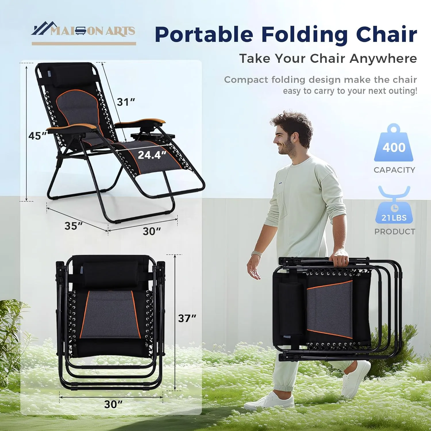 MAISON ARTS Oversized XXL Padded Zero Lounge Chair 30" Wide Seat Anti Gravity Lawn Chair Foldable Recliner w/Pillow & Cup Holder for Outdoor Camp Poolside Backyard Beach, Support 400LBS, Black