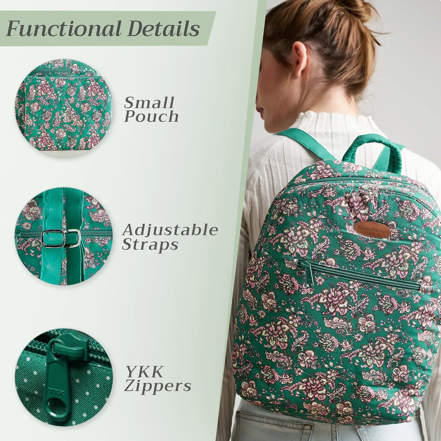 Maison d' Hermine Backpack Cotton Shoulder Backpack with Small Pouch Lightweight Bag for Travel Work Beach Perfect for Women & Men (Surya - Green)