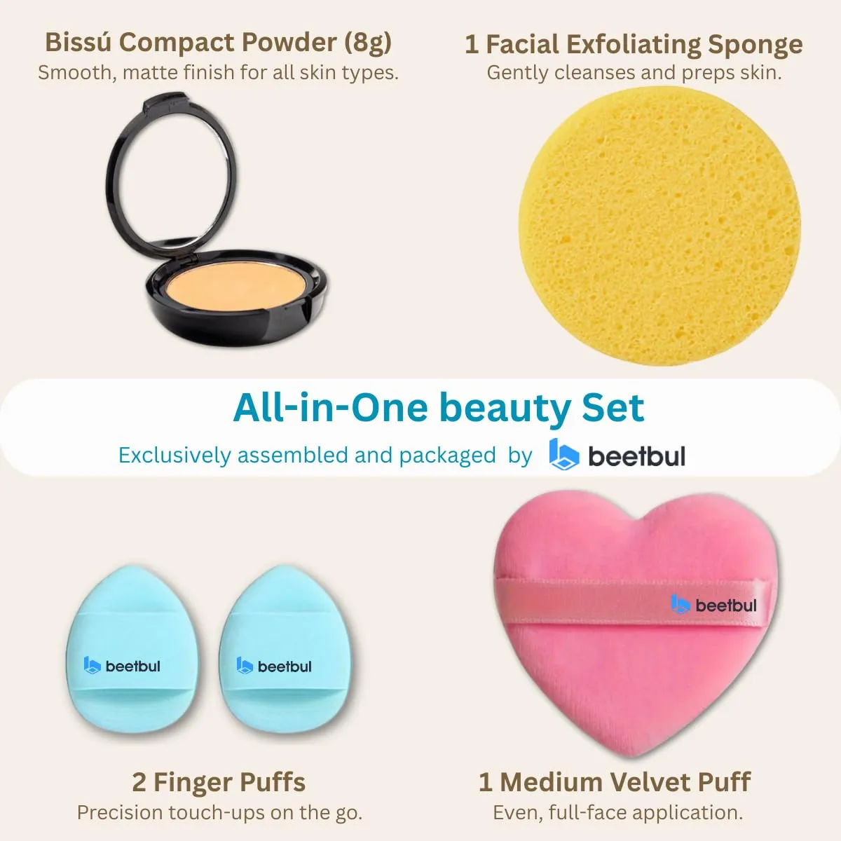 Makeup & Exfoliation Kit - Bissú Compact Powder   1 Medium Velvet Puff   2 Finger Puffs   1 Facial Exfoliating Sponge (04 Sand, One Size)