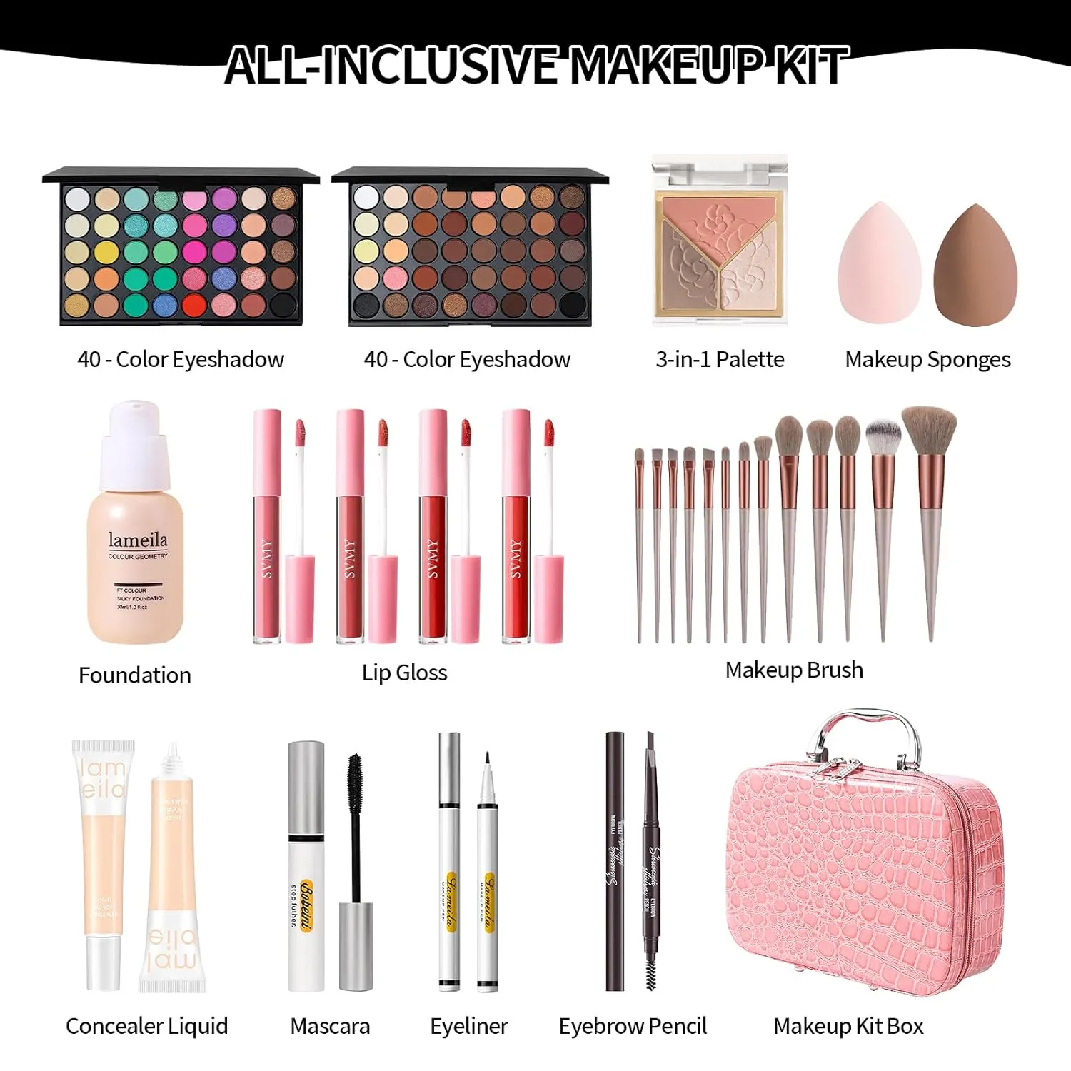 Makeup Kit for Women, Make up Full Kit for Beginners Teens Girls, Makeup Bundle Include 2 Matte & Shimmer Eyeshadow Palettes, Blush Contour Highlighter Palette, Lip Gloss Set, Concealer - Pink Case